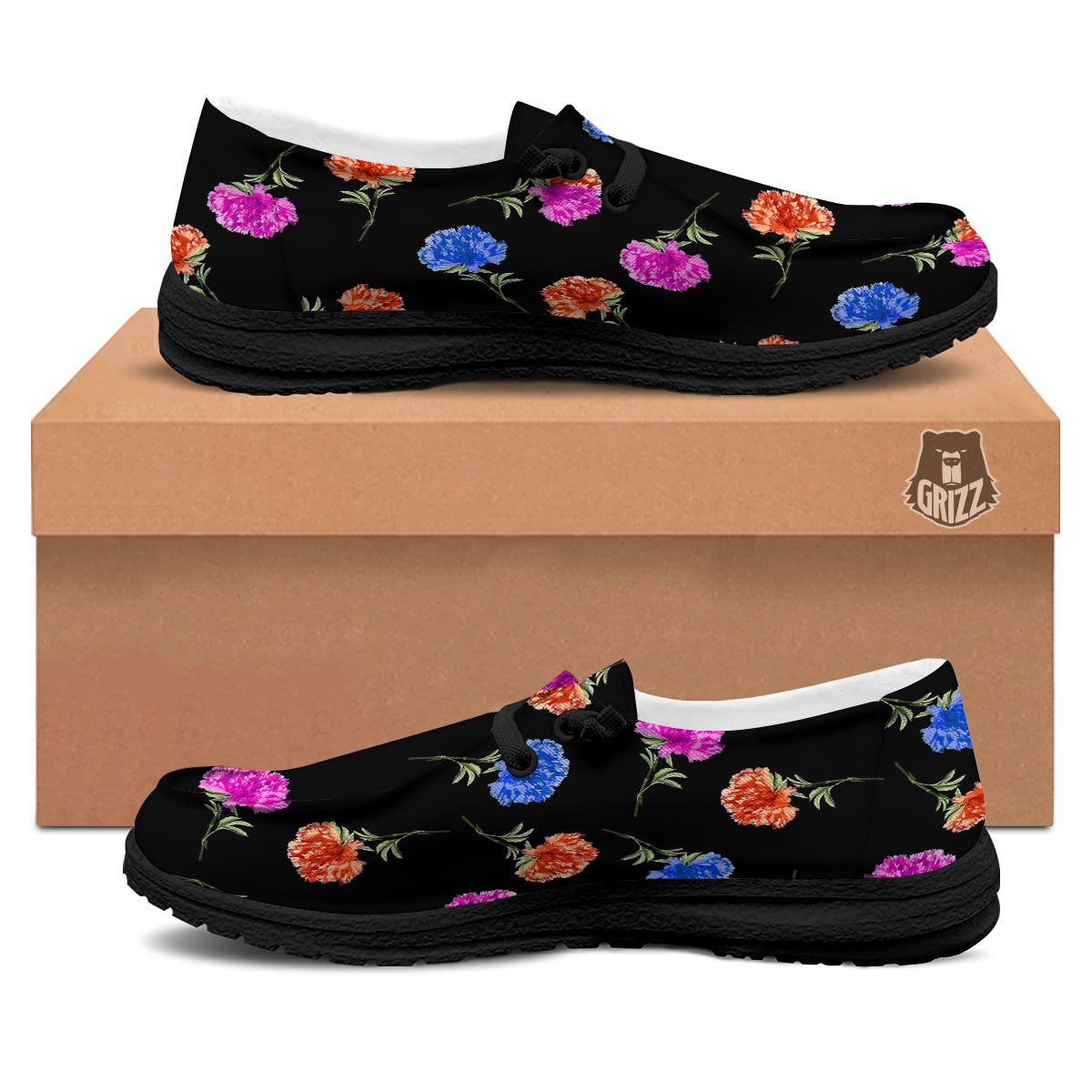 Carnation Watercolor Print Pattern Black Loafers-grizzshop
