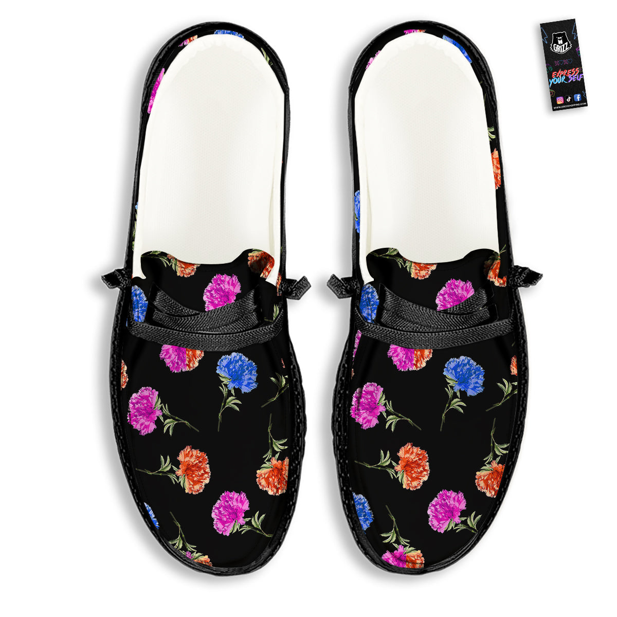 Carnation Watercolor Print Pattern Black Loafers-grizzshop