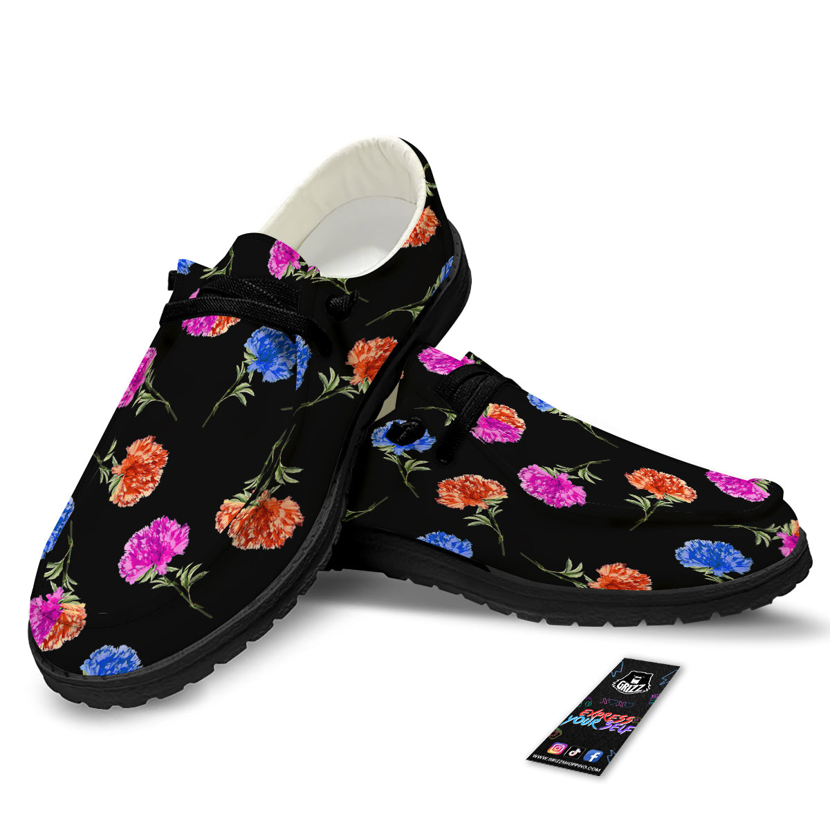 Carnation Watercolor Print Pattern Black Loafers-grizzshop