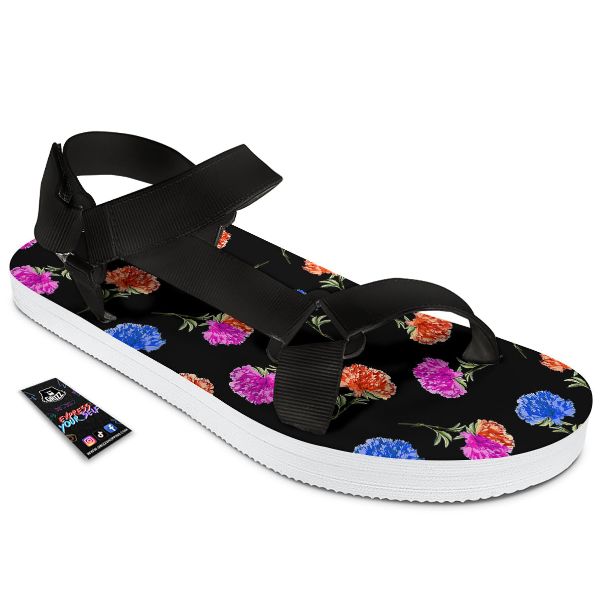 Carnation Watercolor Print Pattern Black Open Toe Sandals-grizzshop