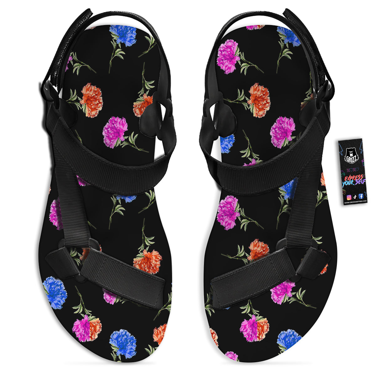 Carnation Watercolor Print Pattern Black Open Toe Sandals-grizzshop