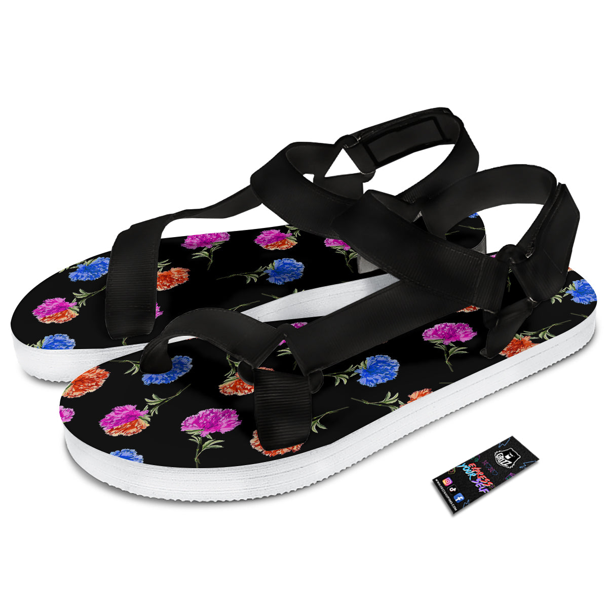 Carnation Watercolor Print Pattern Black Open Toe Sandals-grizzshop