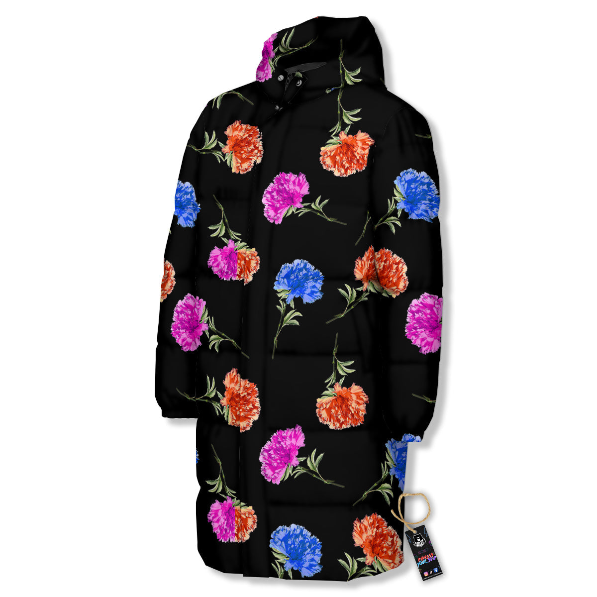Carnation Watercolor Print Pattern Long Down Jacket-grizzshop