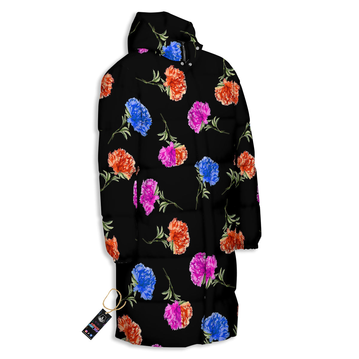 Carnation Watercolor Print Pattern Long Down Jacket-grizzshop