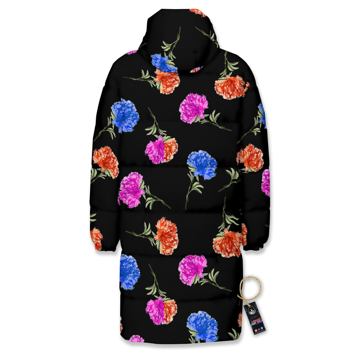 Carnation Watercolor Print Pattern Long Down Jacket-grizzshop