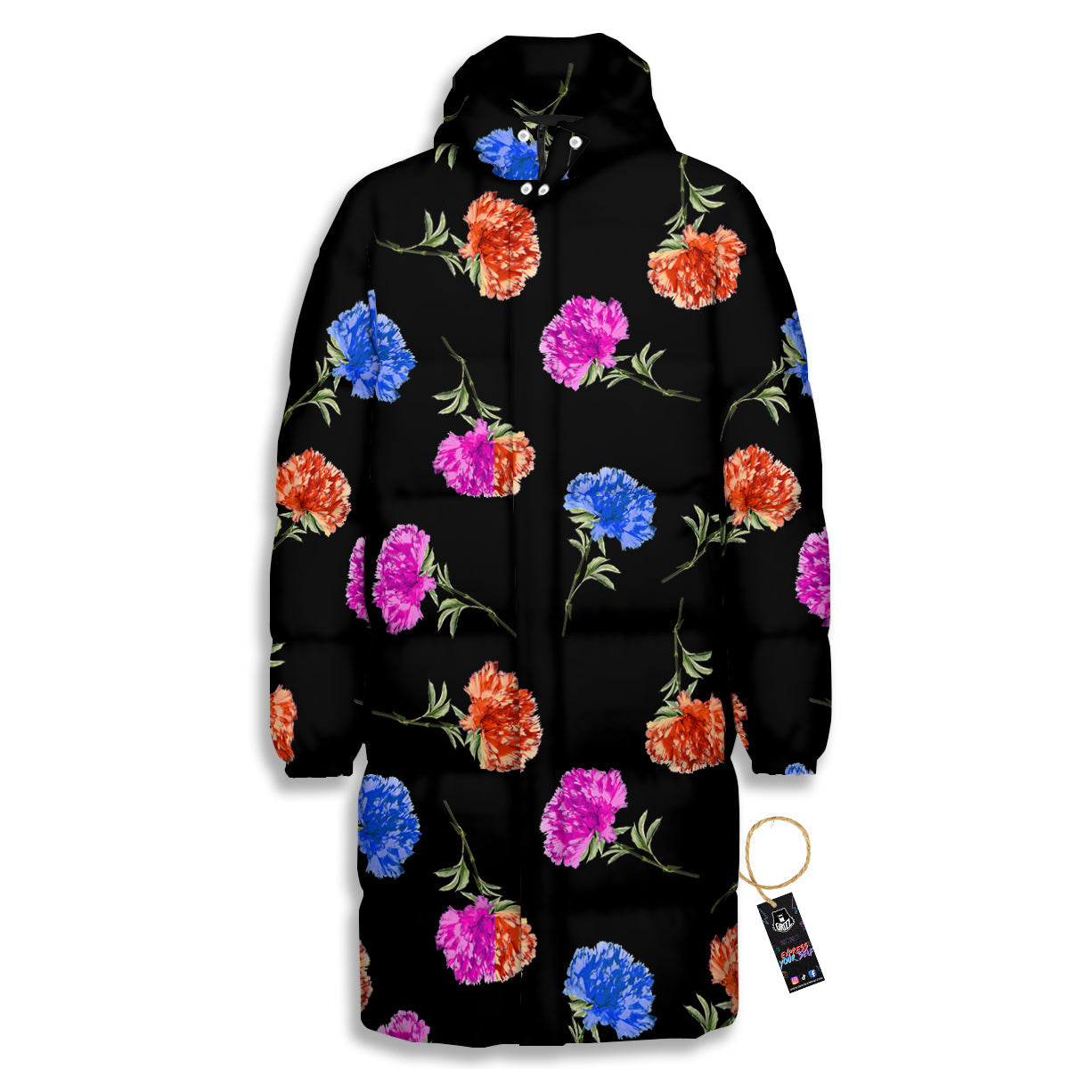 Carnation Watercolor Print Pattern Long Down Jacket-grizzshop