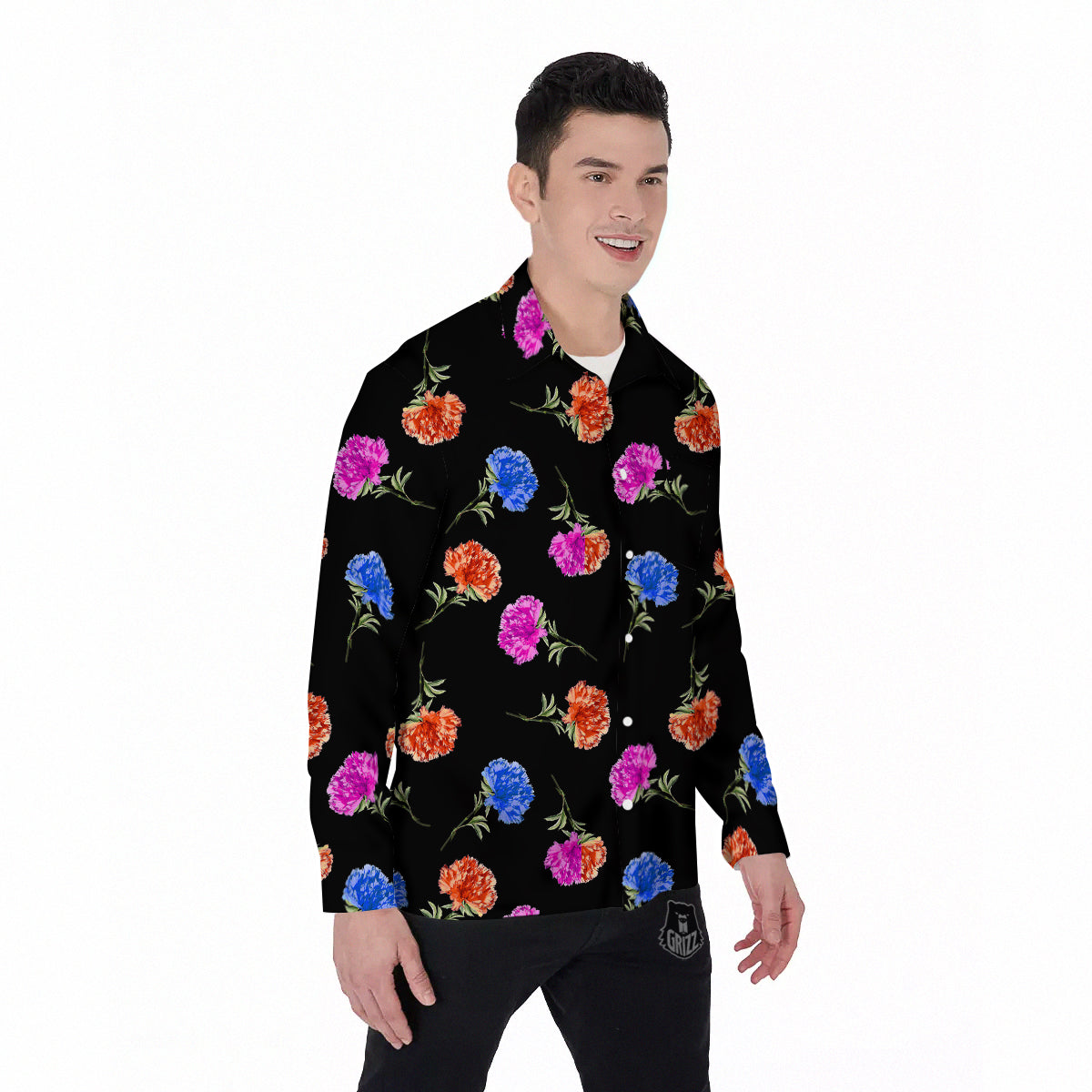 Carnation Watercolor Print Pattern Men's Long Sleeve Shirts-grizzshop