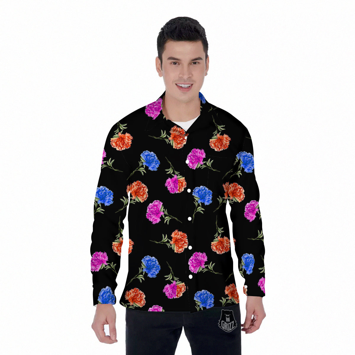 Carnation Watercolor Print Pattern Men's Long Sleeve Shirts-grizzshop