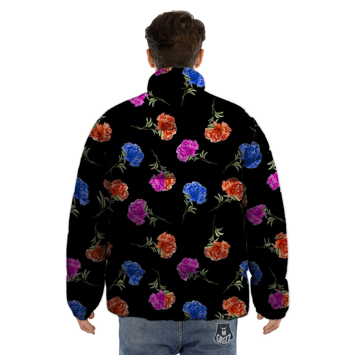 Carnation Watercolor Print Pattern Puffer Jacket-grizzshop
