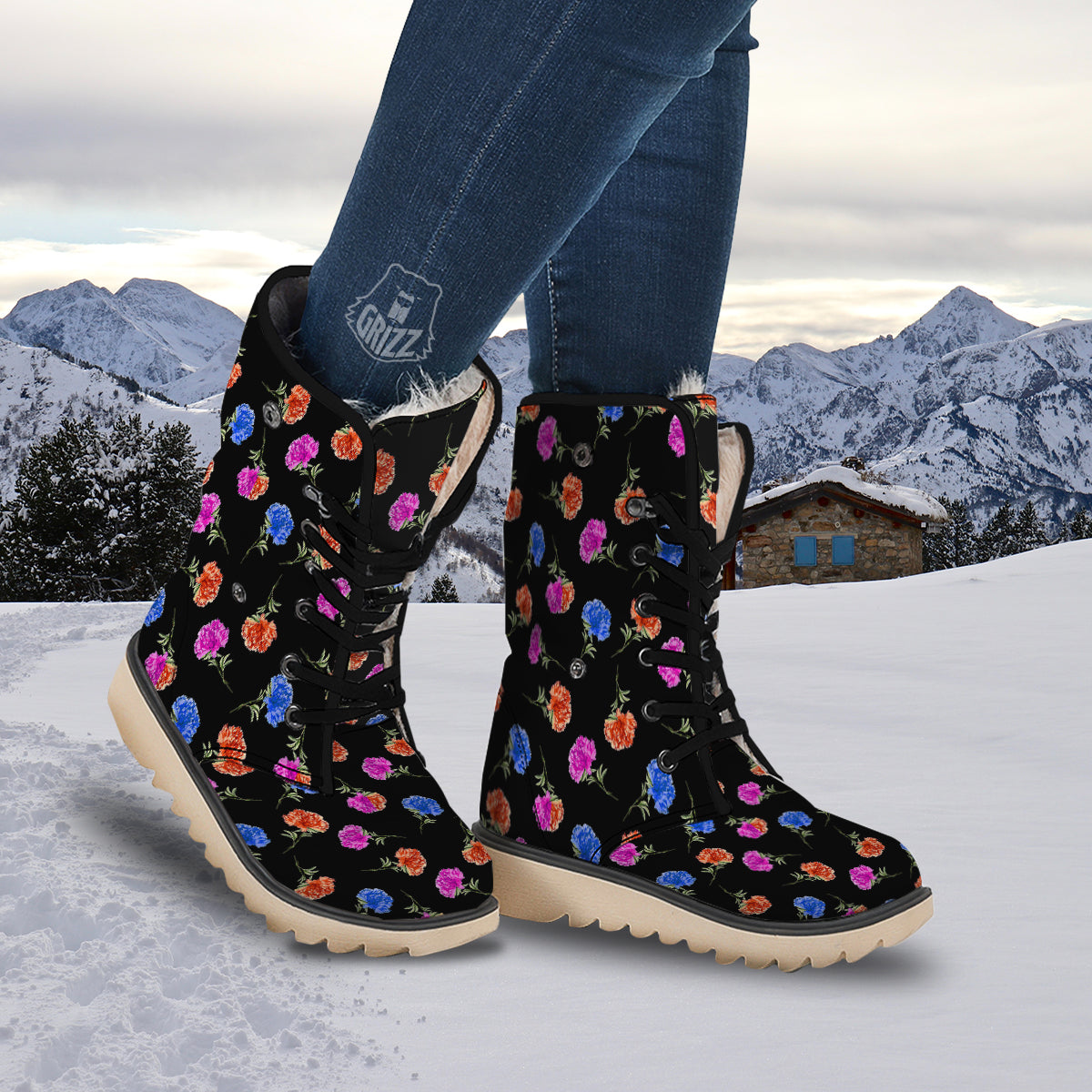 Carnation Watercolor Print Pattern Snow Boots-grizzshop