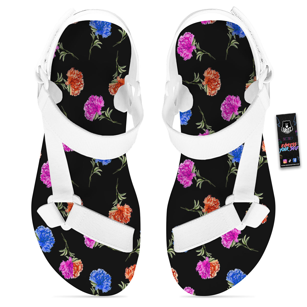 Carnation Watercolor Print Pattern White Open Toe Sandals-grizzshop
