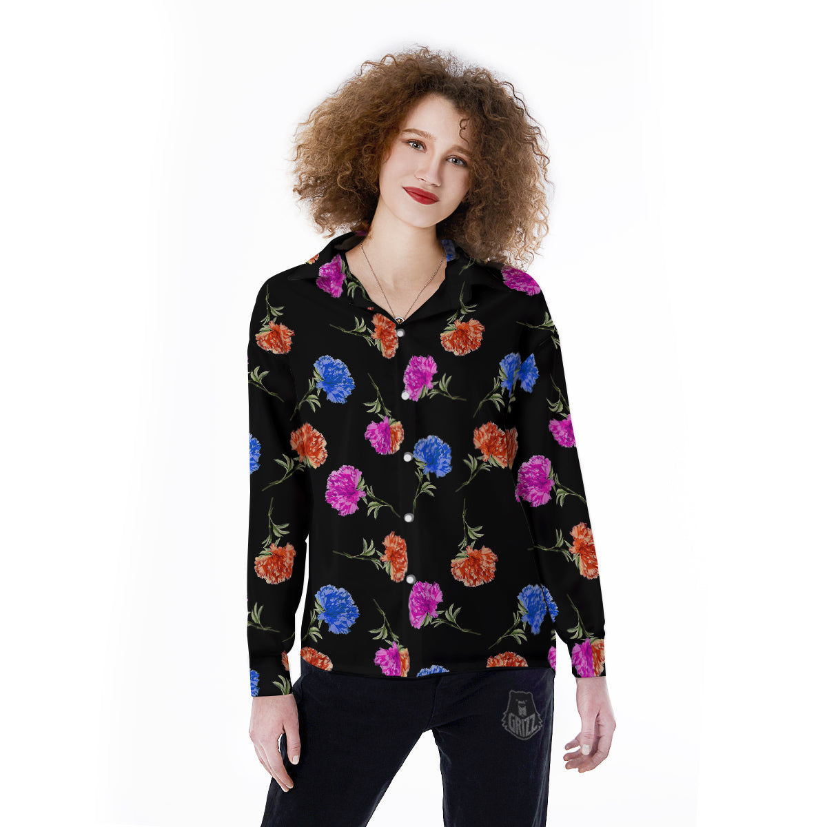 Carnation Watercolor Print Pattern Women's Long Sleeve Shirts-grizzshop