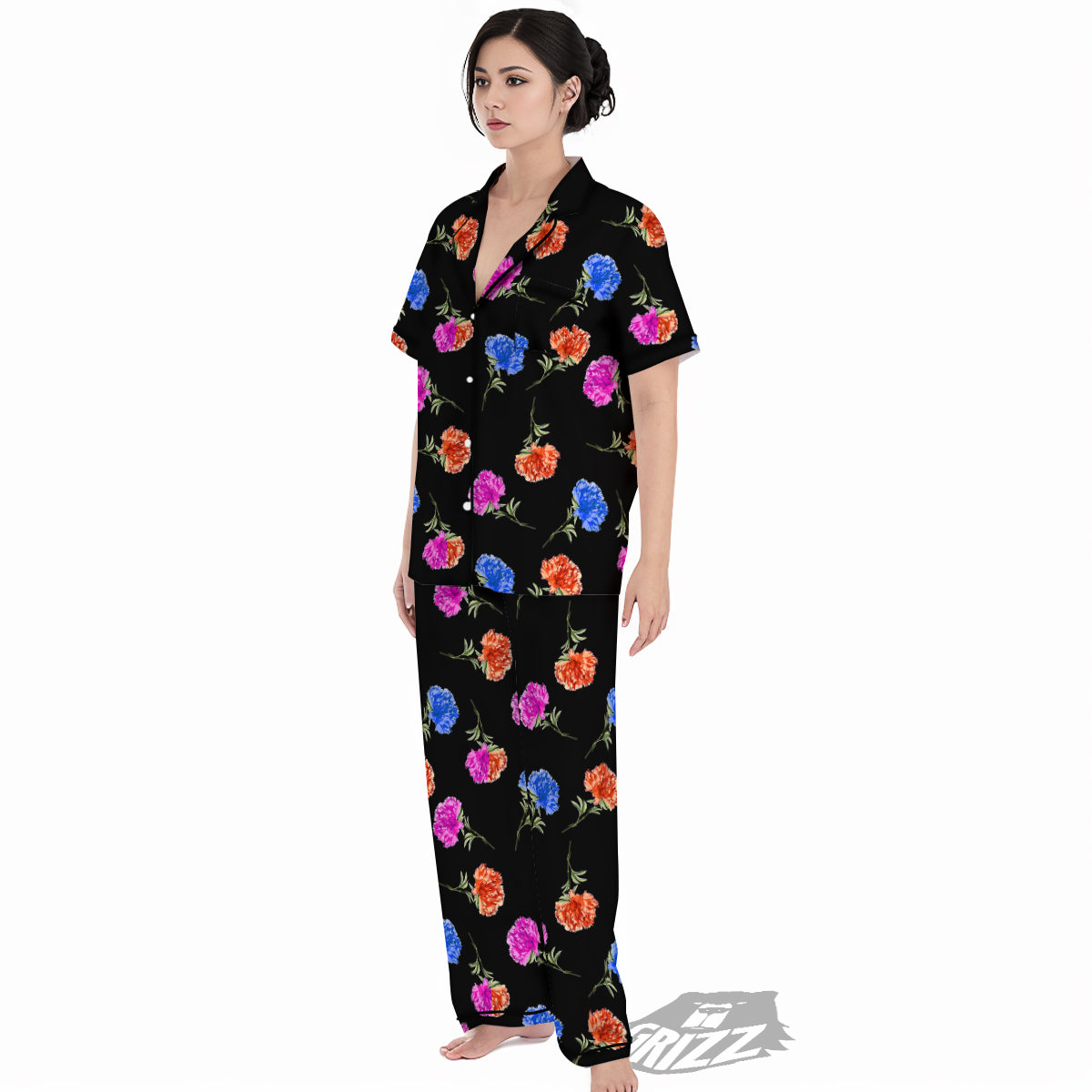Carnation Watercolor Print Pattern Women's Pajamas Set-grizzshop