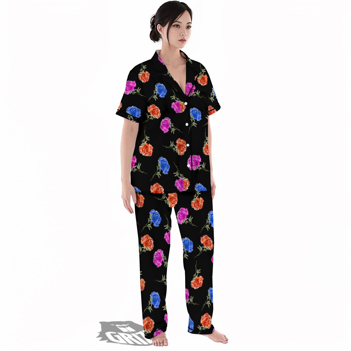 Carnation Watercolor Print Pattern Women's Pajamas Set-grizzshop