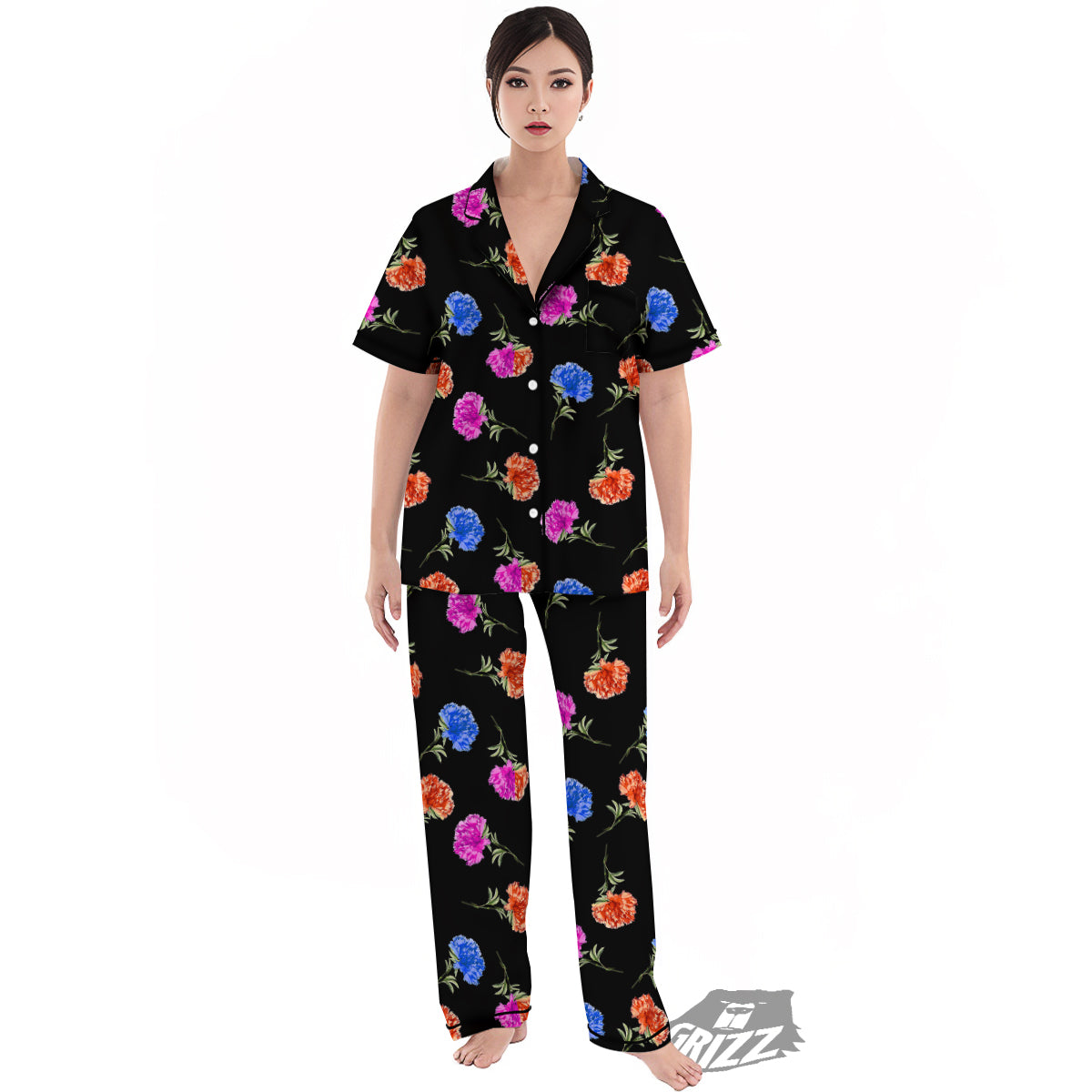 Carnation Watercolor Print Pattern Women's Pajamas Set-grizzshop
