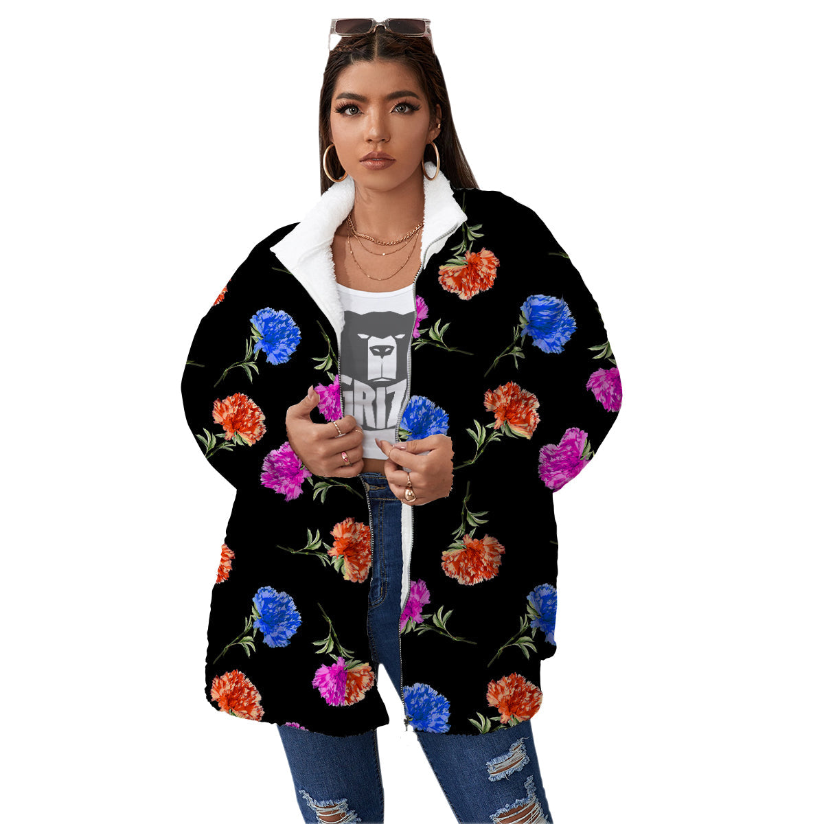 Carnation Watercolor Print Pattern Women's Sherpa Jacket-grizzshop