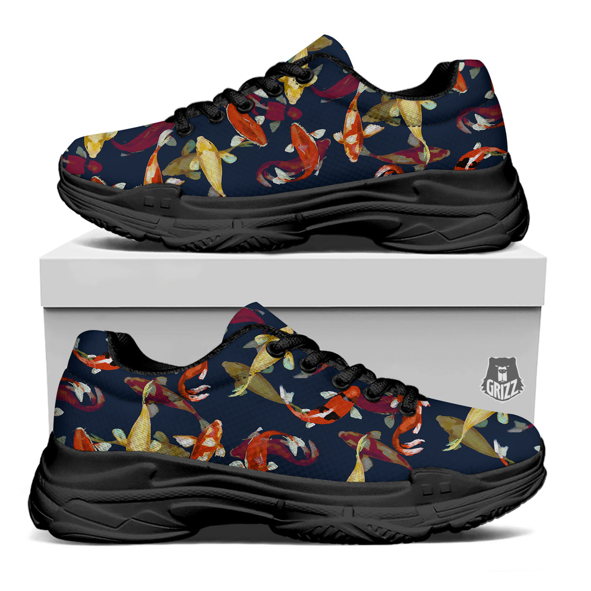Carp Fish Koi Watercolor Print Pattern Black Chunky Shoes-grizzshop