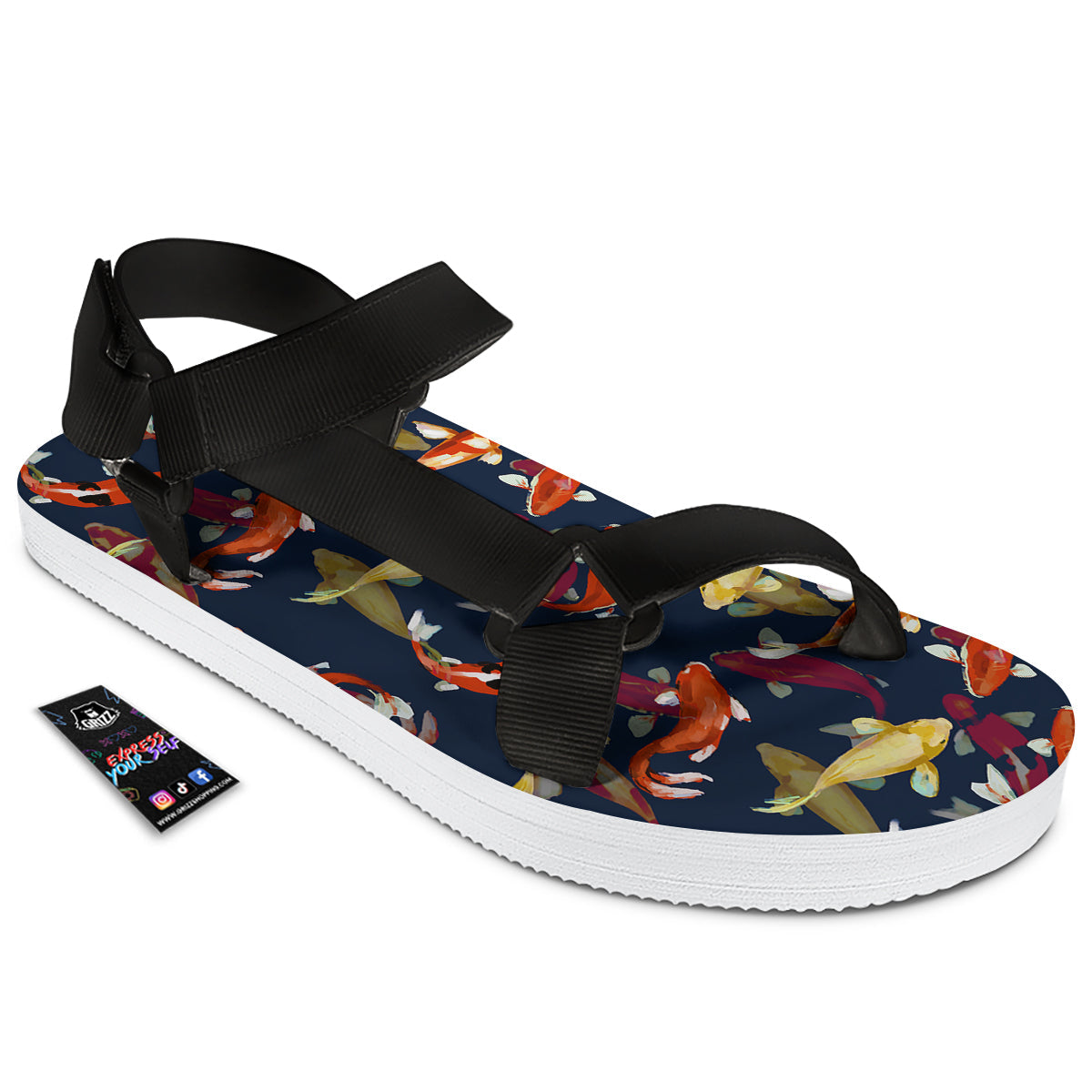 Carp Fish Koi Watercolor Print Pattern Black Open Toe Sandals-grizzshop
