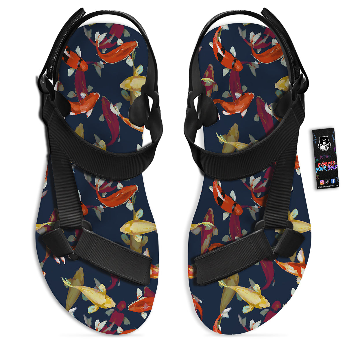 Carp Fish Koi Watercolor Print Pattern Black Open Toe Sandals-grizzshop