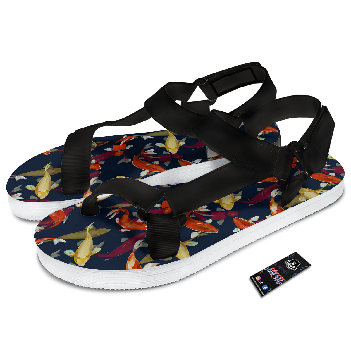 Carp Fish Koi Watercolor Print Pattern Black Open Toe Sandals-grizzshop
