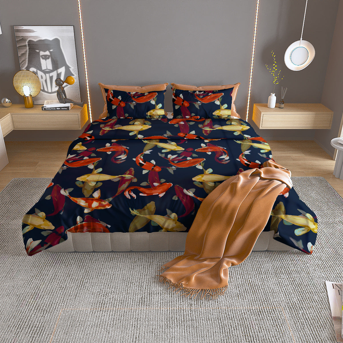 Carp Fish Koi Watercolor Print Pattern Duvet Cover Bedding Set