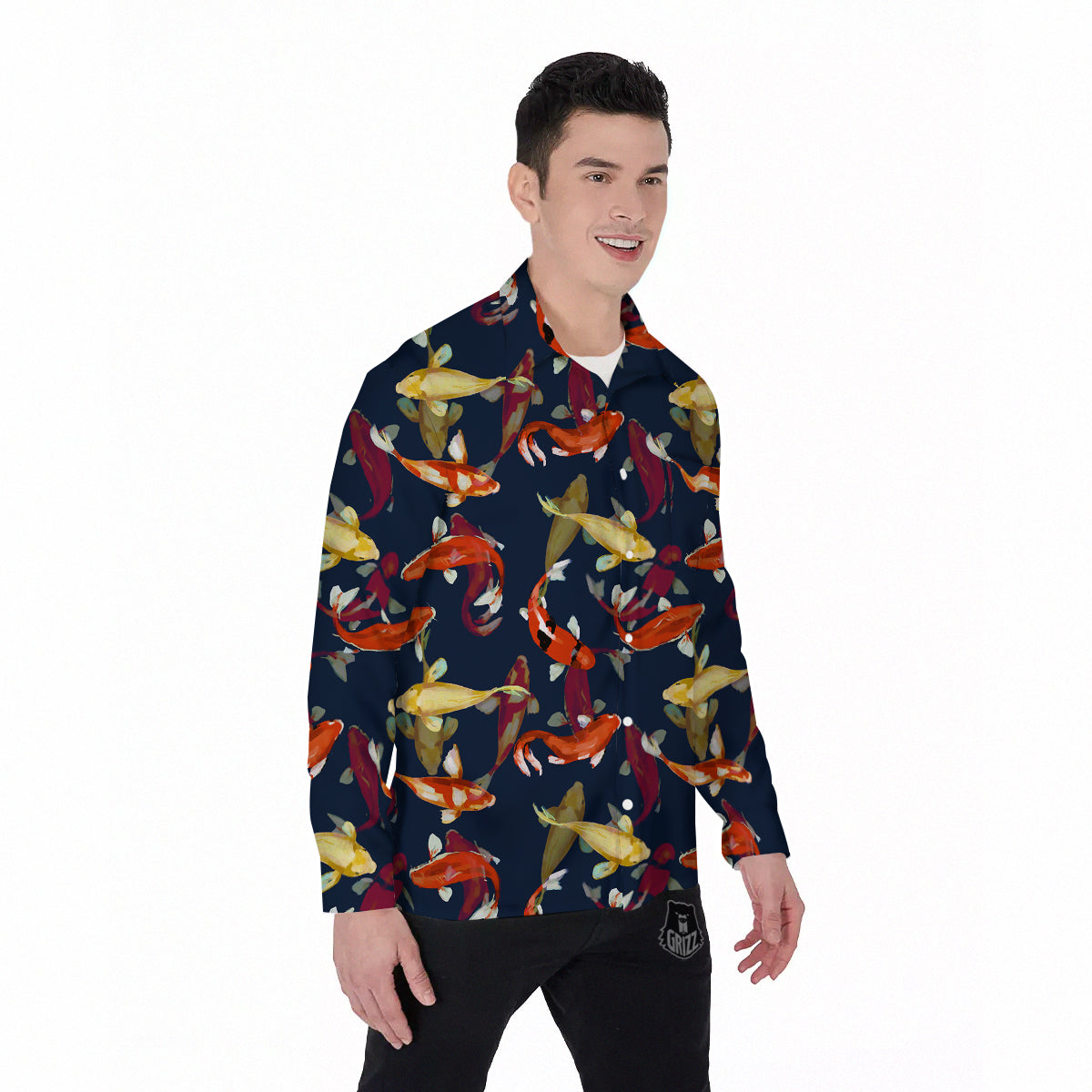 Carp Fish Koi Watercolor Print Pattern Men's Long Sleeve Shirts-grizzshop