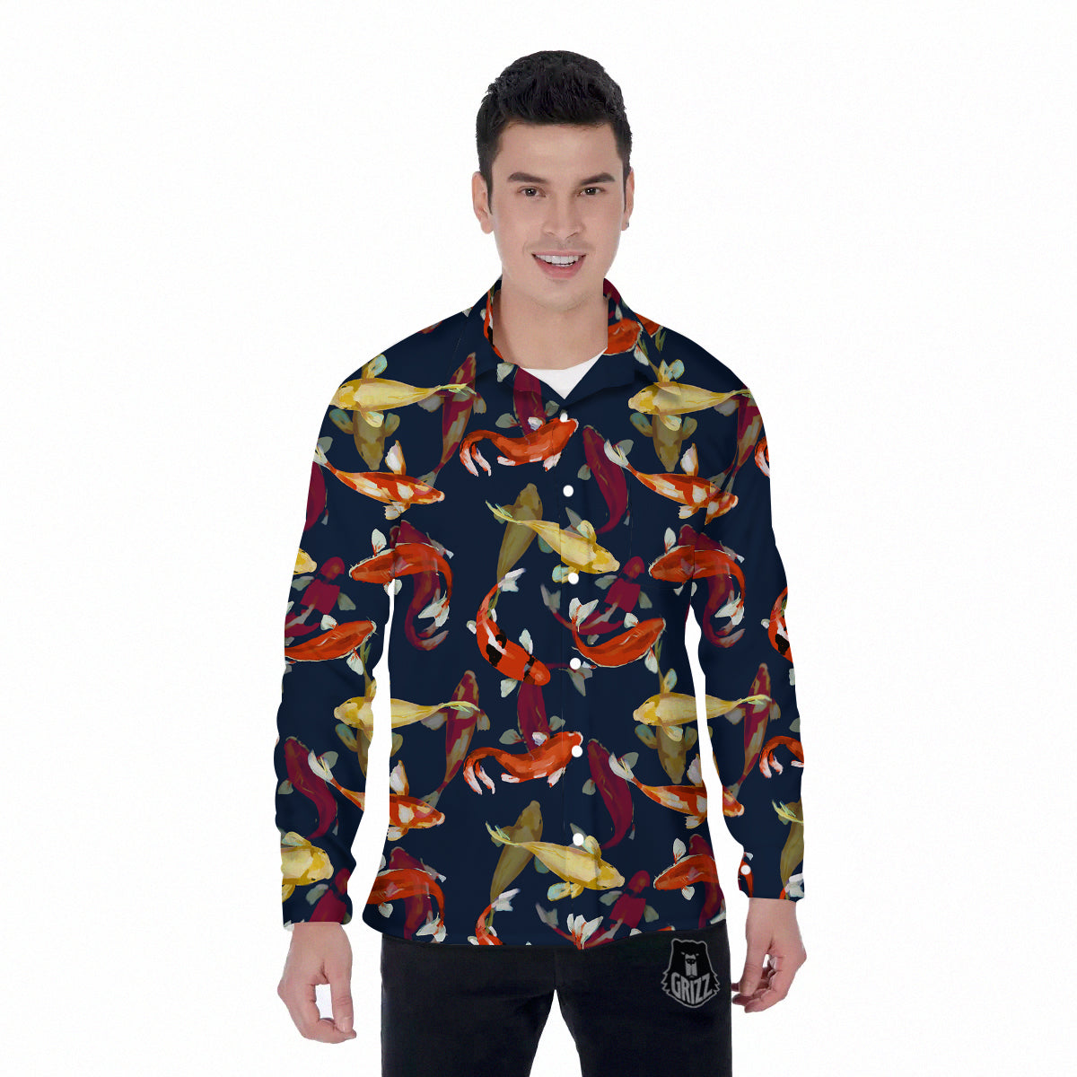 Carp Fish Koi Watercolor Print Pattern Men's Long Sleeve Shirts-grizzshop