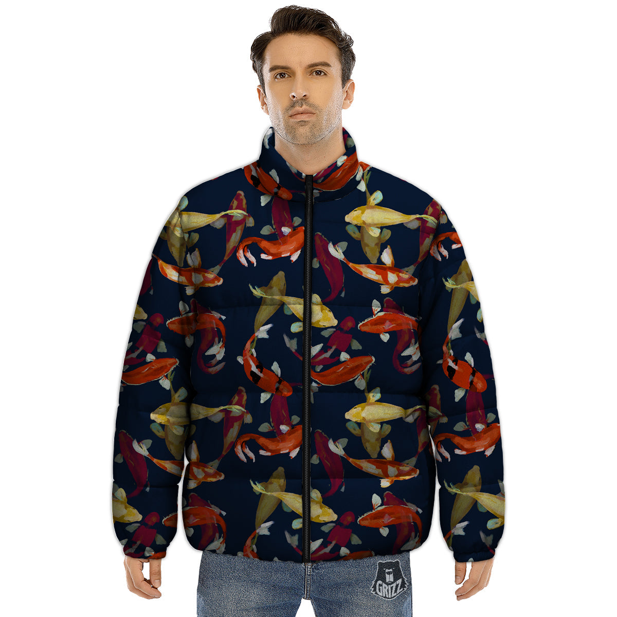 Carp Fish Koi Watercolor Print Pattern Puffer Jacket-grizzshop