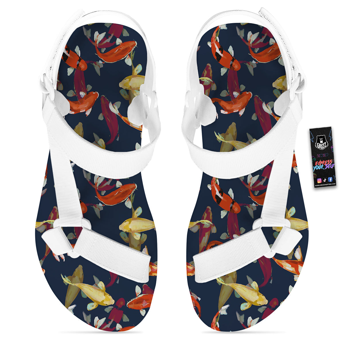 Carp Fish Koi Watercolor Print Pattern White Open Toe Sandals-grizzshop