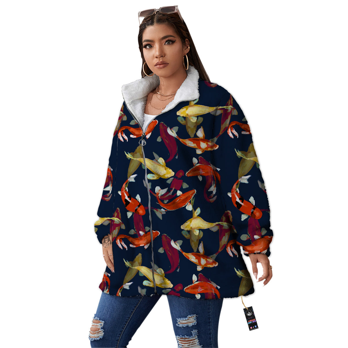 Carp Fish Koi Watercolor Print Pattern Women's Sherpa Jacket-grizzshop
