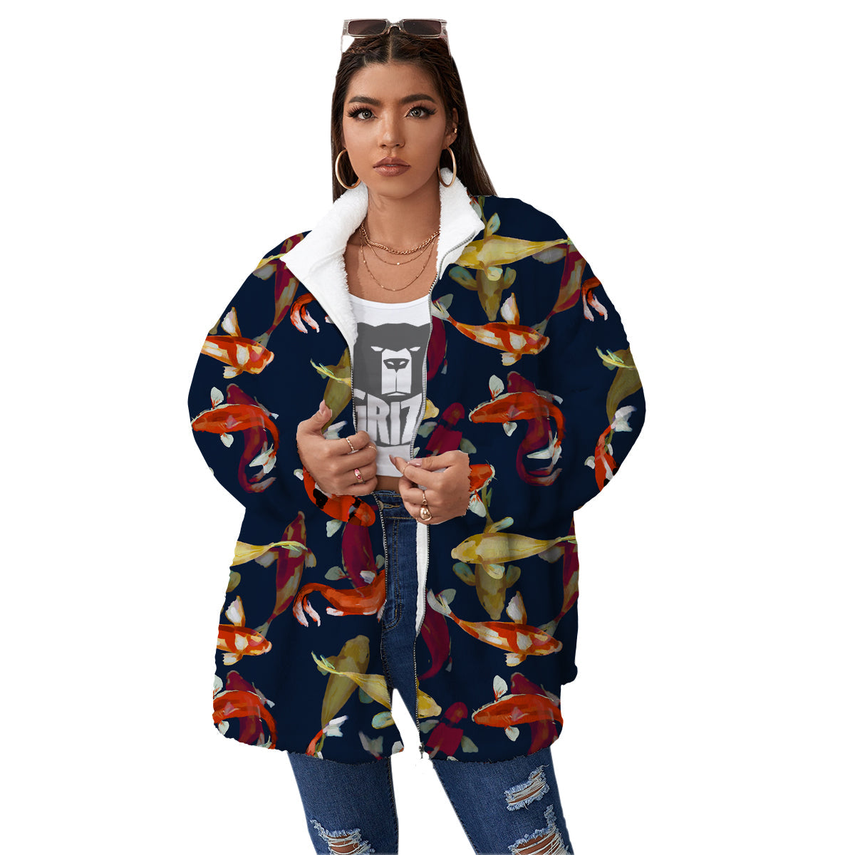 Carp Fish Koi Watercolor Print Pattern Women's Sherpa Jacket-grizzshop