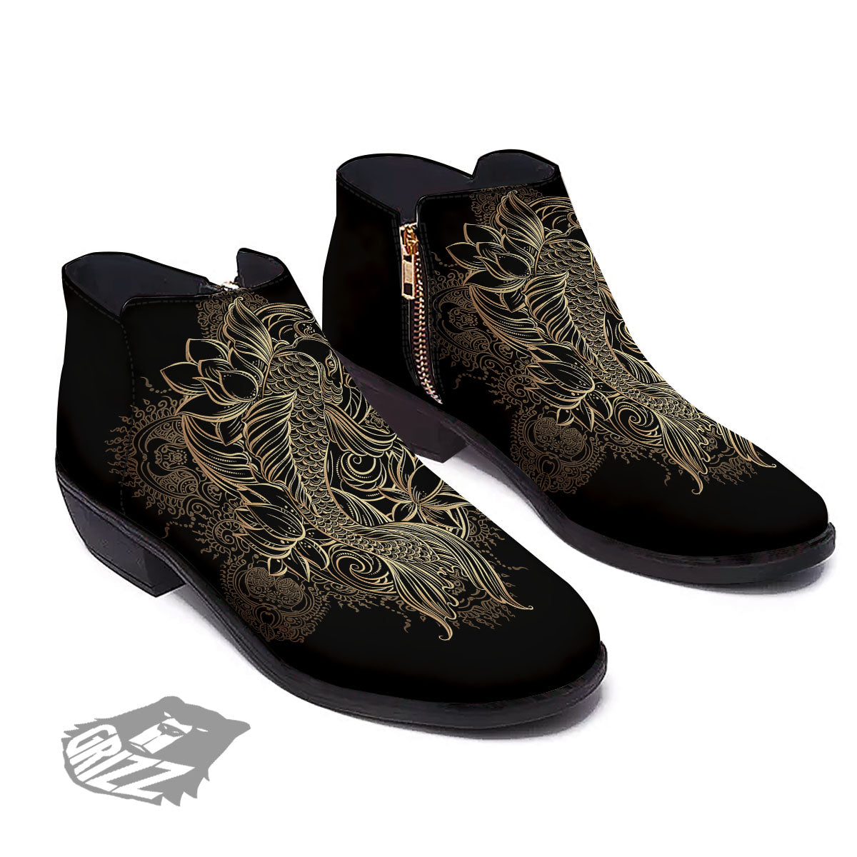Carp Koi Fish Gold Print Ankle Boots-grizzshop