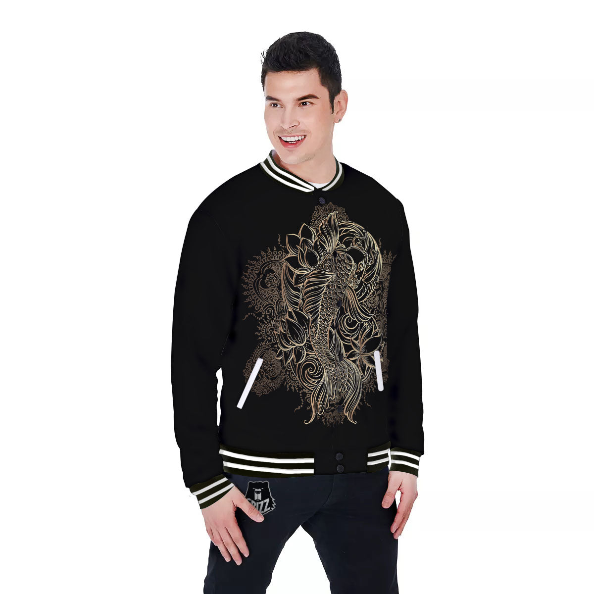 Carp Koi Fish Gold Print Baseball Jacket-grizzshop
