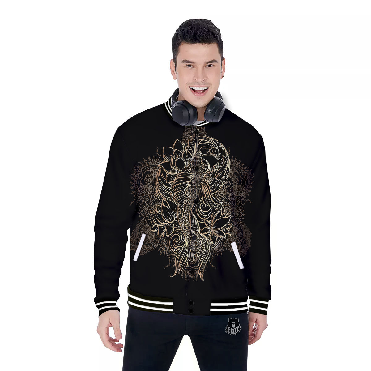 Carp Koi Fish Gold Print Baseball Jacket-grizzshop