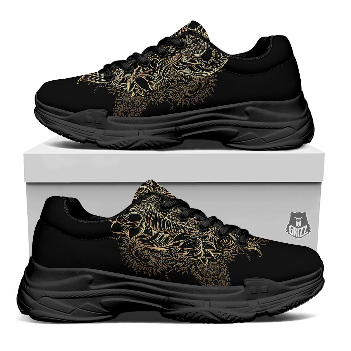 Carp Koi Fish Gold Print Black Chunky Shoes-grizzshop