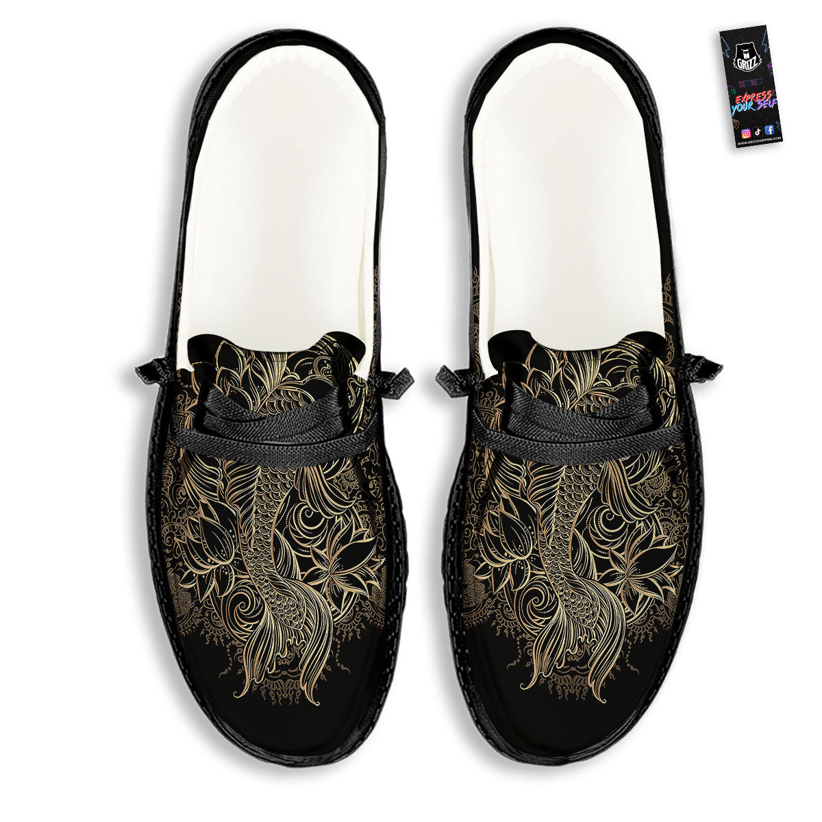 Carp Koi Fish Gold Print Black Loafers-grizzshop