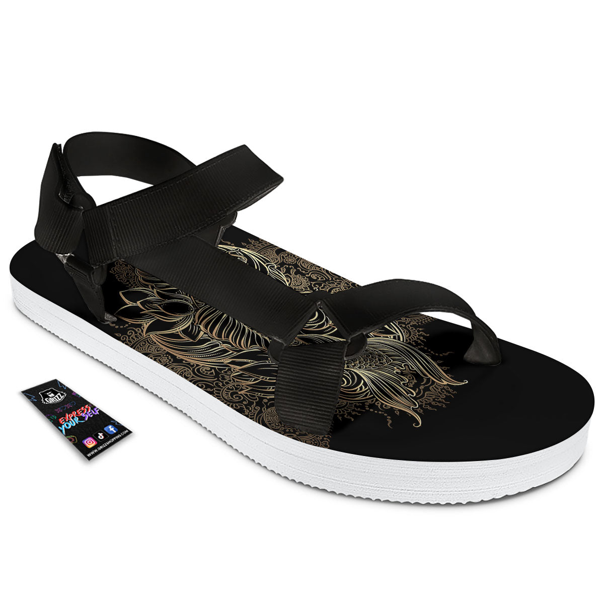Carp Koi Fish Gold Print Black Open Toe Sandals-grizzshop