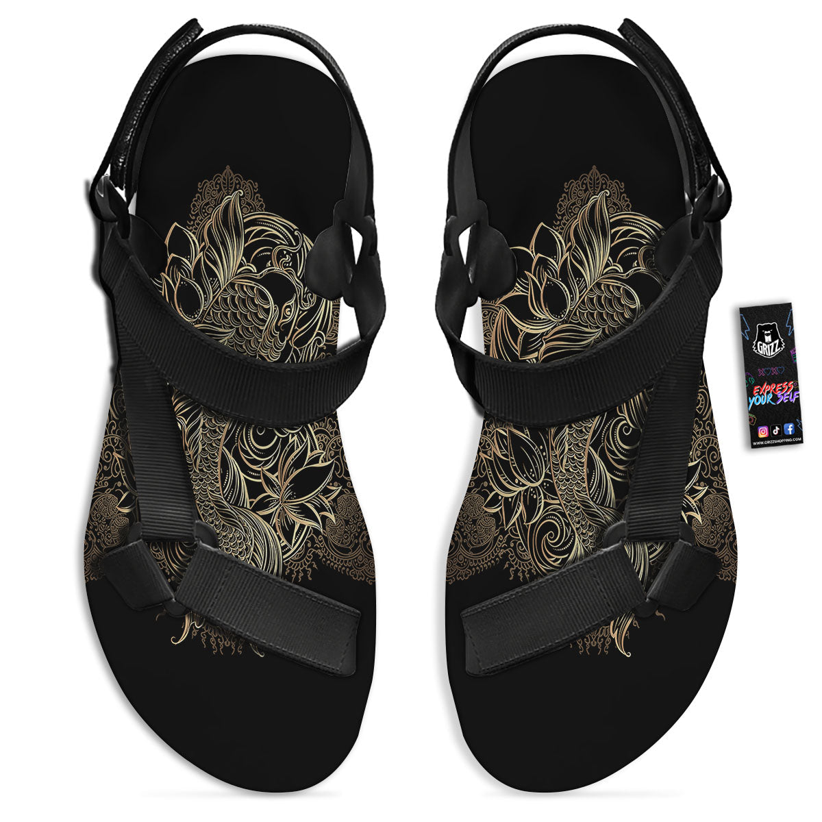 Carp Koi Fish Gold Print Black Open Toe Sandals-grizzshop