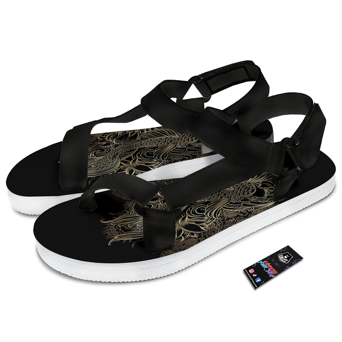 Carp Koi Fish Gold Print Black Open Toe Sandals-grizzshop