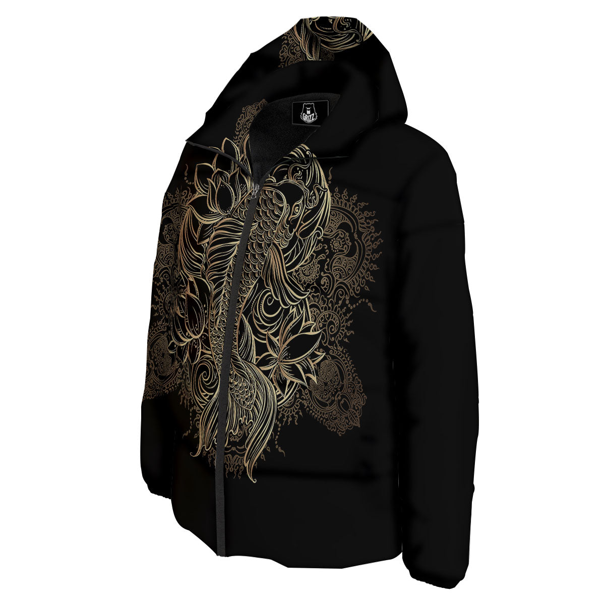 Carp Koi Fish Gold Print Down Jacket-grizzshop