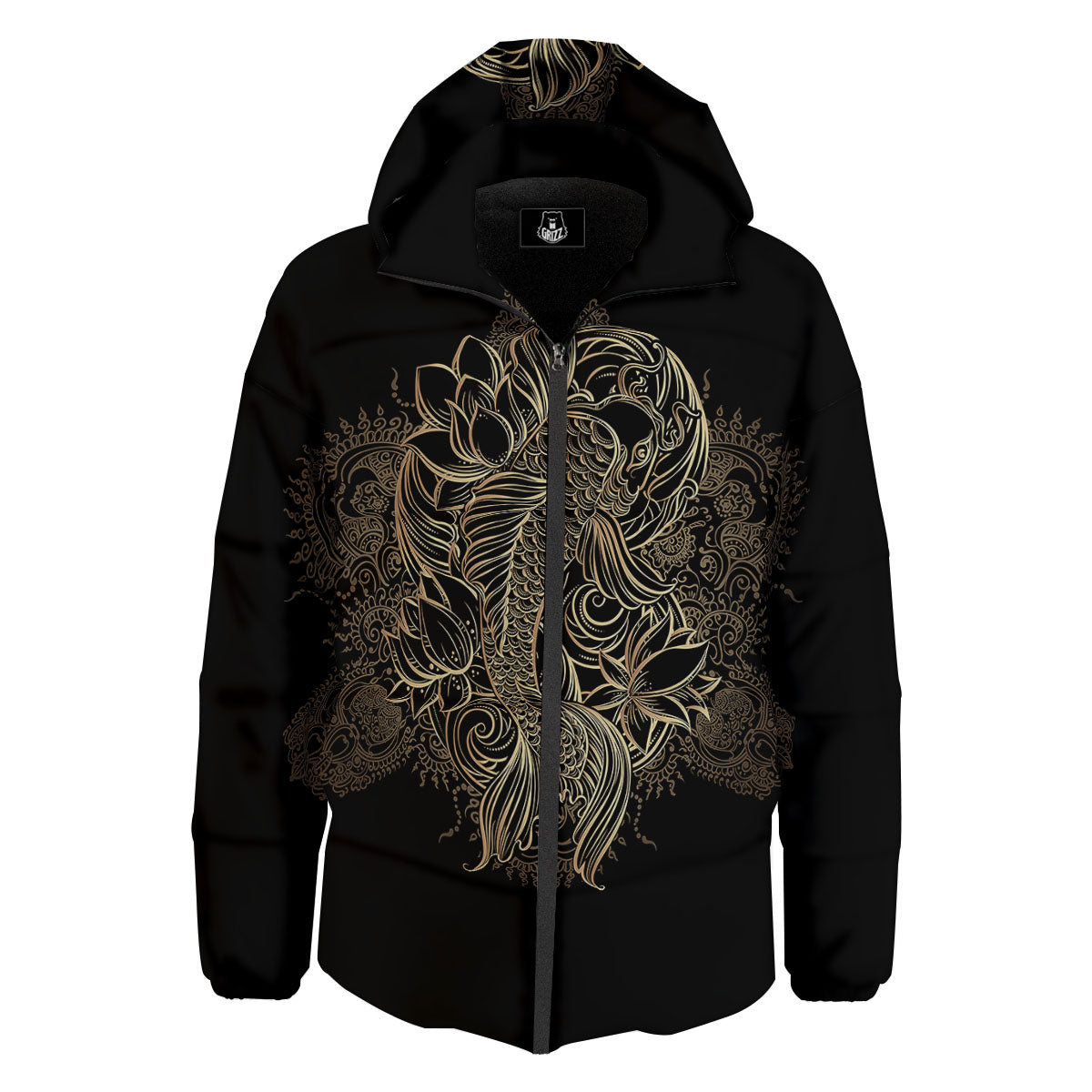 Carp Koi Fish Gold Print Down Jacket-grizzshop