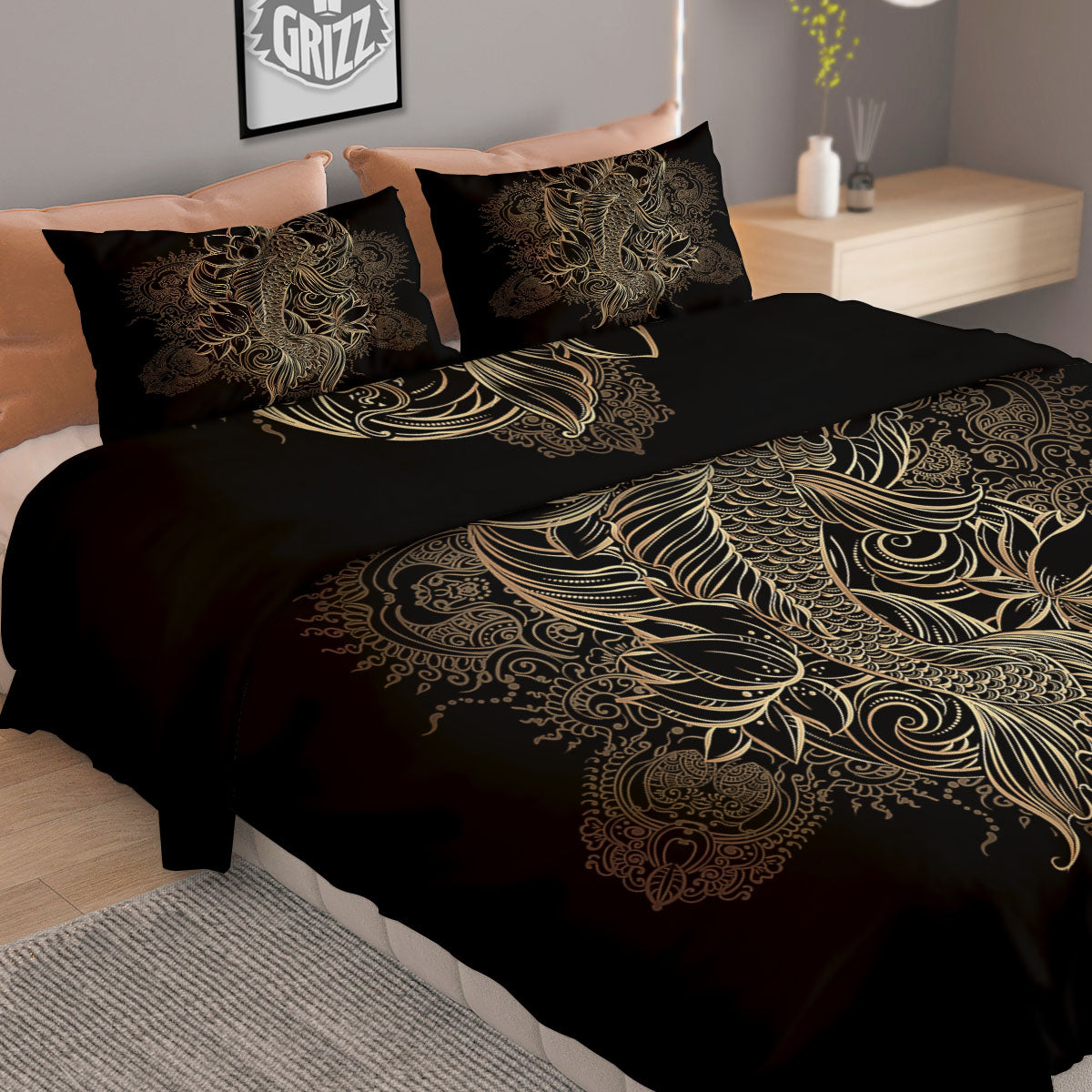 Carp Koi Fish Gold Print Duvet Cover Bedding Set