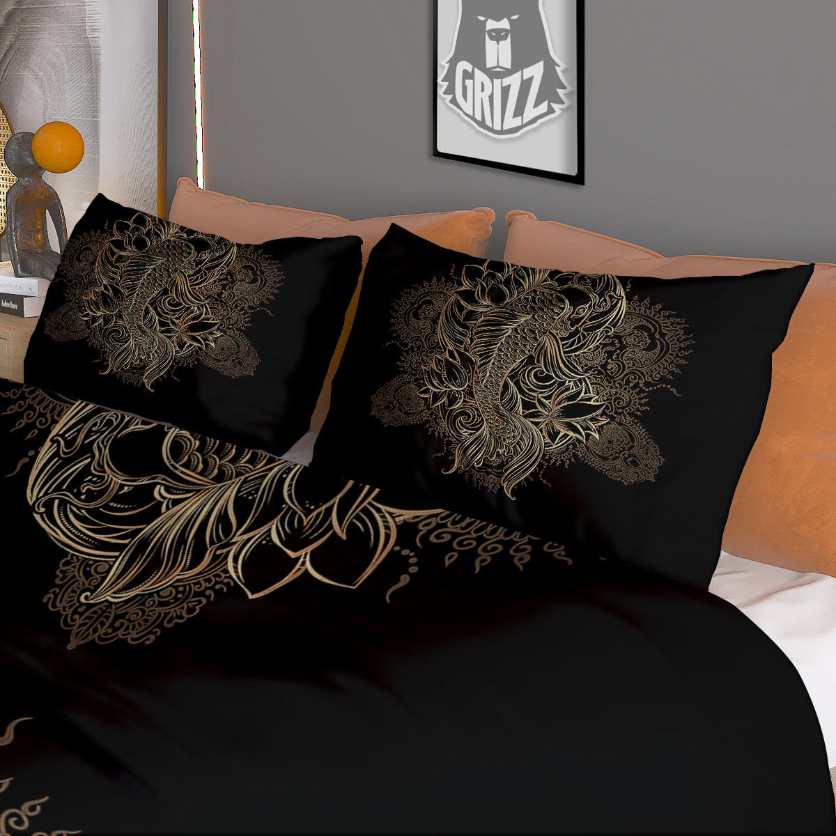 Carp Koi Fish Gold Print Duvet Cover Bedding Set