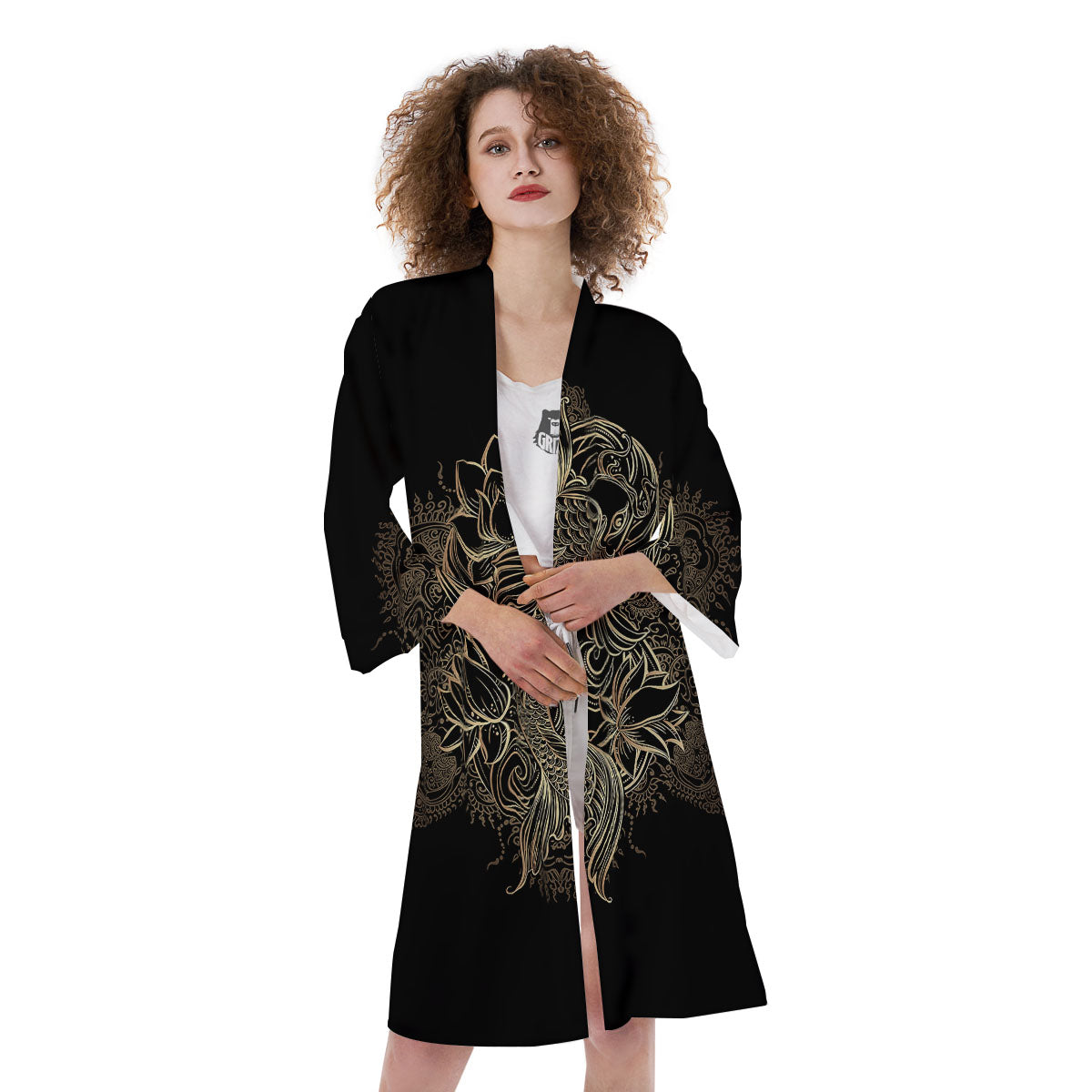 Carp Koi Fish Gold Print Kimono-grizzshop