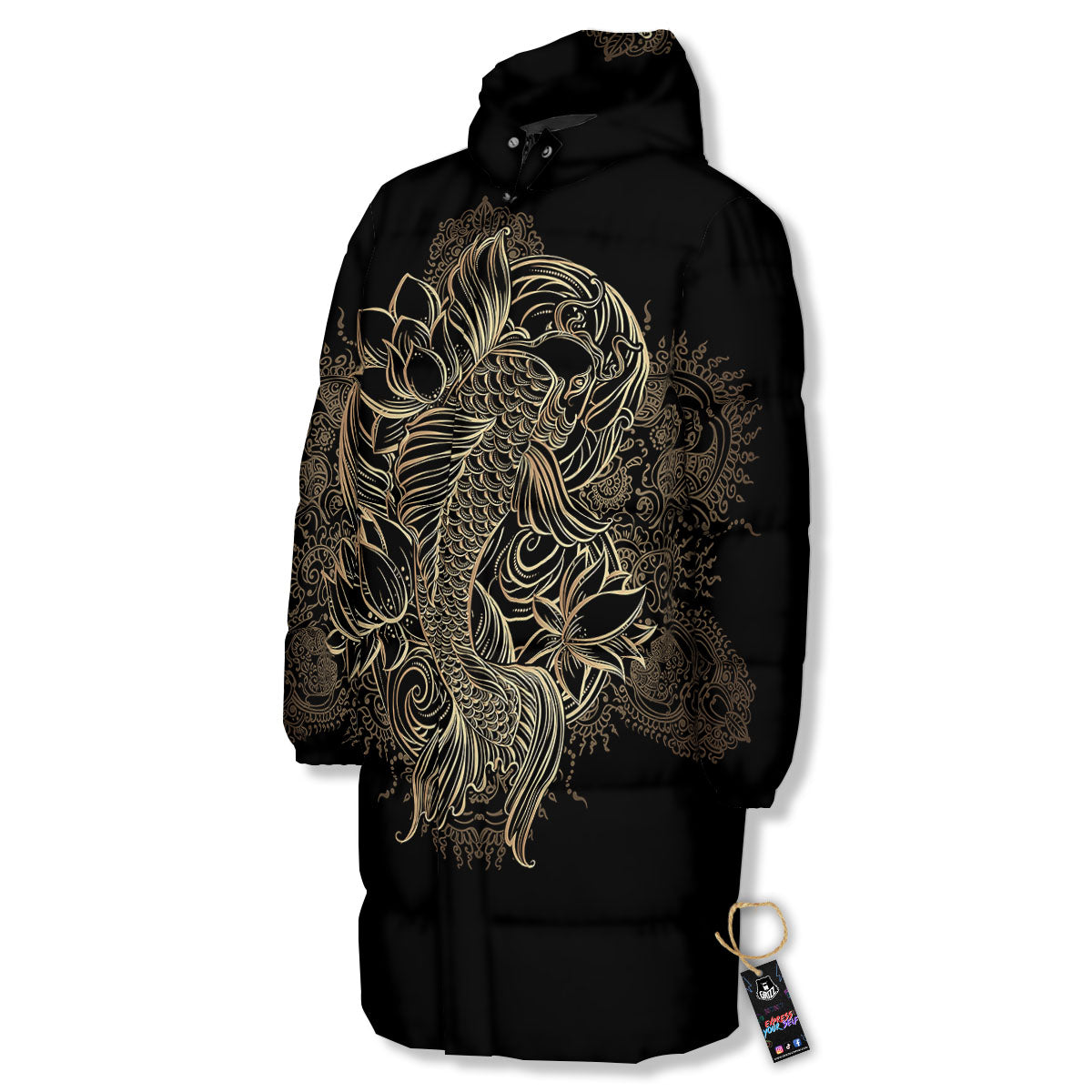 Carp Koi Fish Gold Print Long Down Jacket-grizzshop