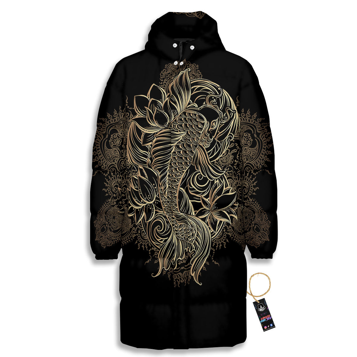 Carp Koi Fish Gold Print Long Down Jacket-grizzshop