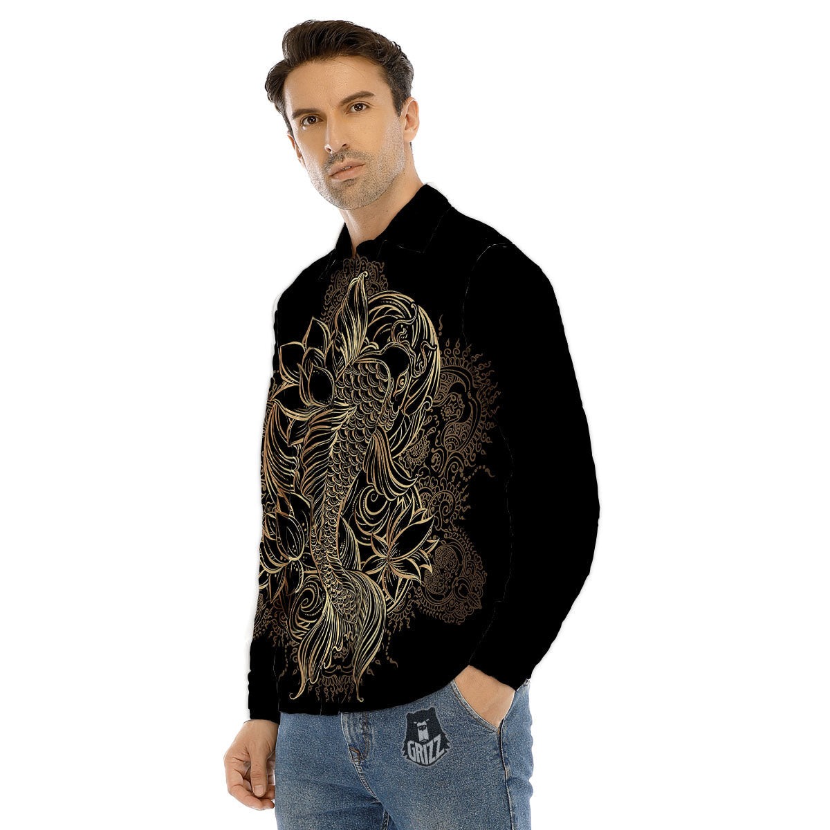 Carp Koi Fish Gold Print Men's Dress Shirts-grizzshop