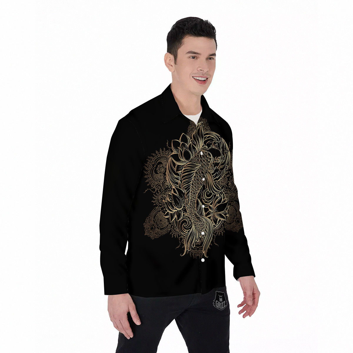 Carp Koi Fish Gold Print Men's Long Sleeve Shirts-grizzshop