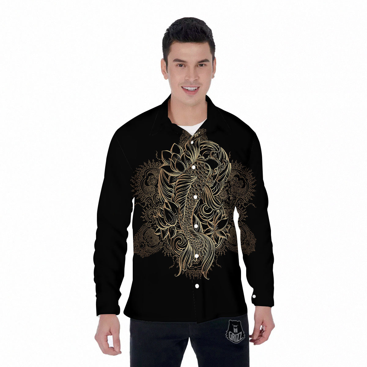 Carp Koi Fish Gold Print Men's Long Sleeve Shirts-grizzshop