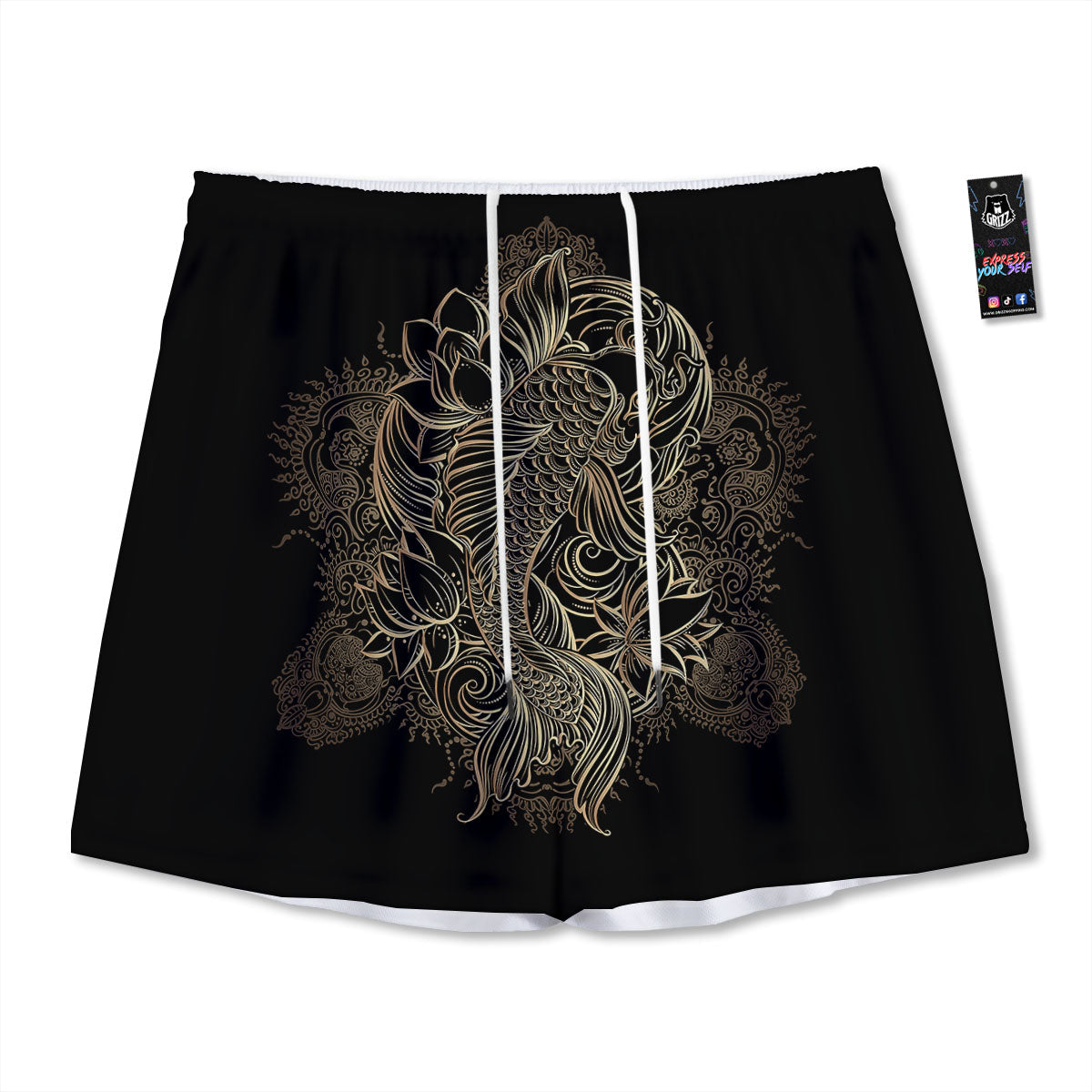 Carp Koi Fish Gold Print Mesh Shorts